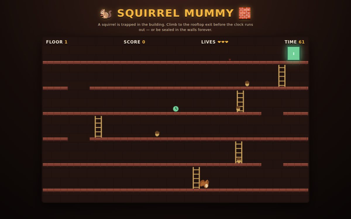 A brick-walled building interior in cross-section: six stacked floors joined by ladders, acorns scattered on the platforms, a green exit door at the top right, and a HUD showing floor, score, lives and a countdown.