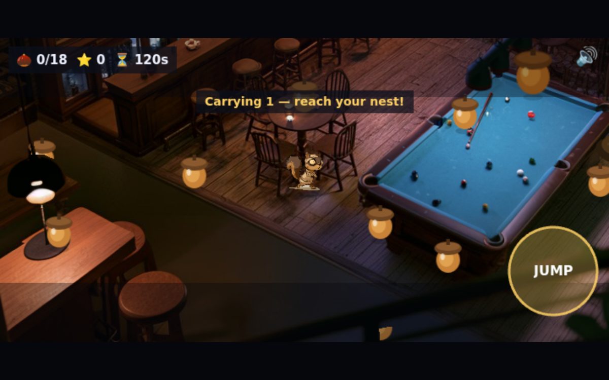 An angled overhead view of a warmly lit bar with a pool table, stools and lamps. A small bandaged squirrel stands between two chairs, golden acorns dotted around the floor, with a score, timer and JUMP button overlaid.
