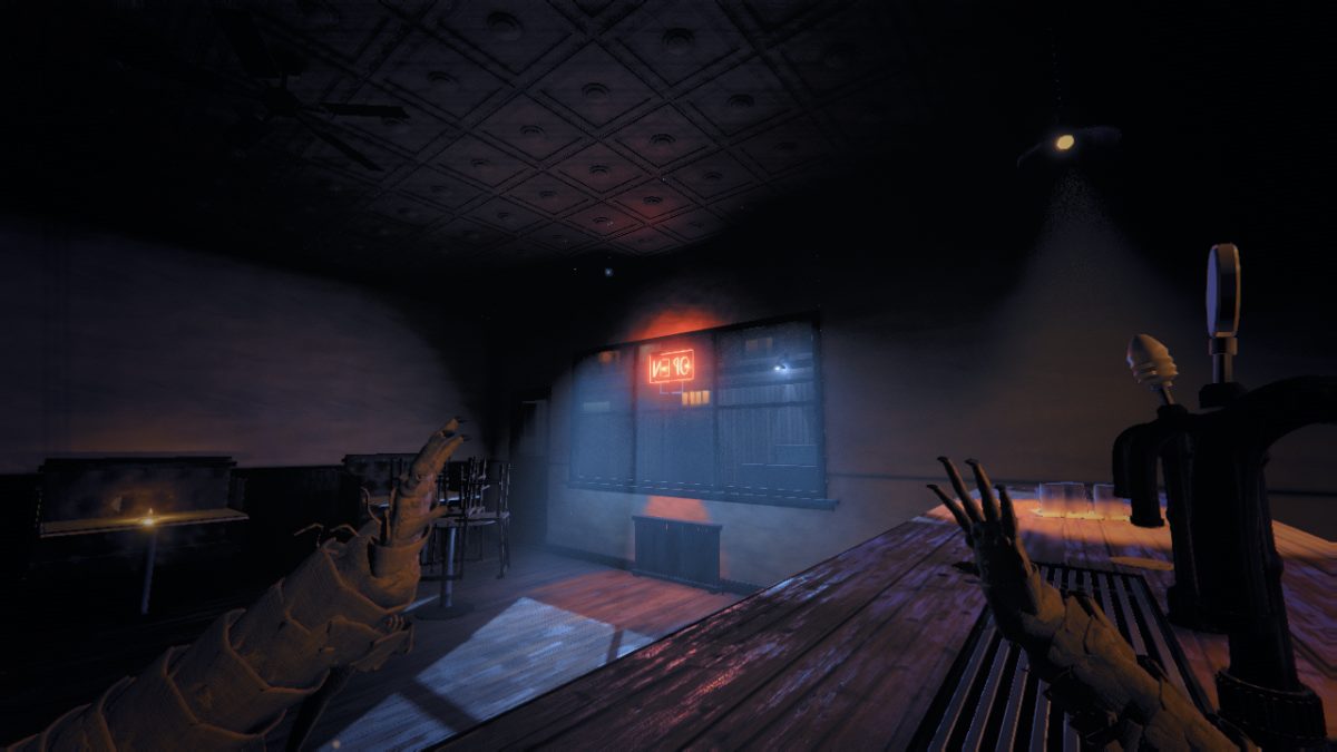 First-person view from bar-top height at night: two bandaged squirrel paws in the foreground, a red neon sign glowing in the window, moonlight falling in a pale rectangle across the floorboards, brass beer taps to the right.